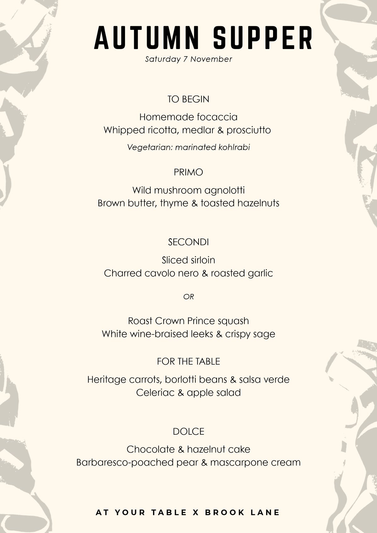 AT YOUR TABLE X BROOK LANE COFFEE ITALIAN SUPPER